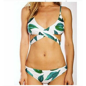 Cupshe White Bikini Top with Green Leaf Print